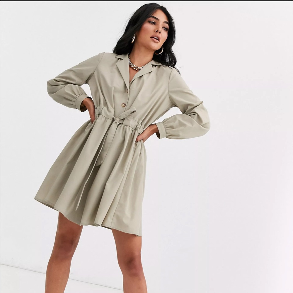 NEW button through mini cotton shirt dress with ruched waist